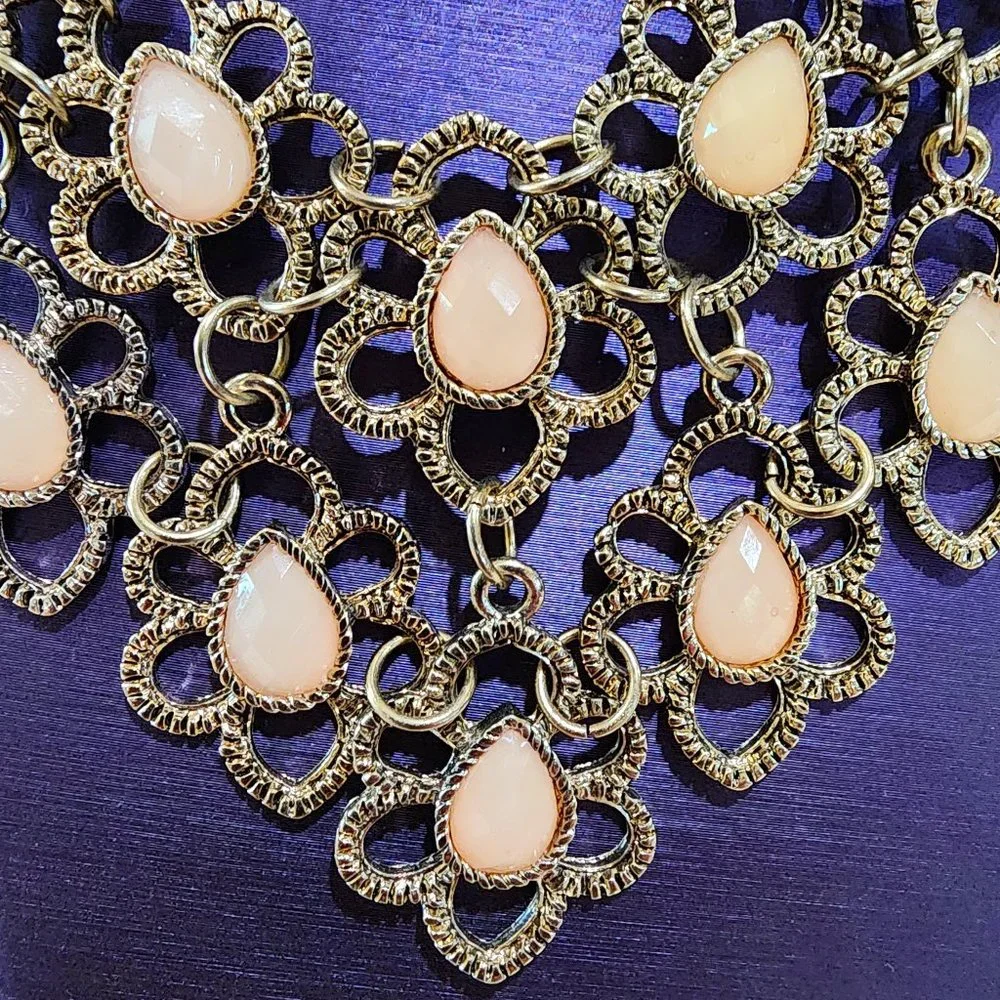 Gold Flower Faceted Light Pink Teardrop Accent Statement Bib Necklace